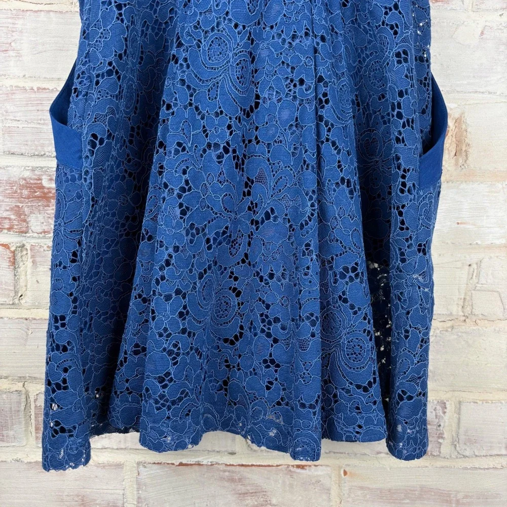 Free People Lovely in Lace Cobalt Mini Dress XS V-Neck Crossover Keyhole Pockets
